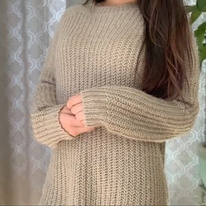 F21 Oversized Fuzzy Long Knit Sweater - Tan/Small